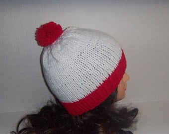 Red and White Striped Beanie With Pom Pom, Knitted White and Red Hat, Red Brim Hat