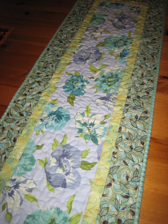 Quilted Table Runner Spring Summer Aqua and Purple by TahoeQuilts