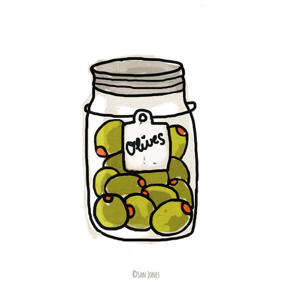 Items similar to Art Print Mason Jar Print Olives Hand drawn Illustration Doodle on Etsy