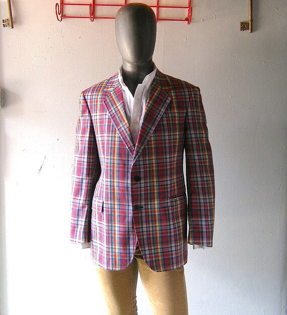 Mens plaid cotton blazer 44R classic Palm Beach plaid