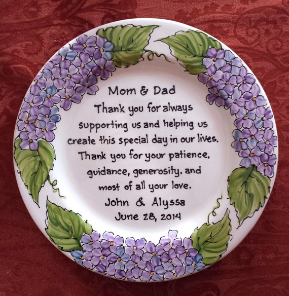 Wedding Gift for Parents Plate  Hydrangea Wreath  Thank you Mom and 