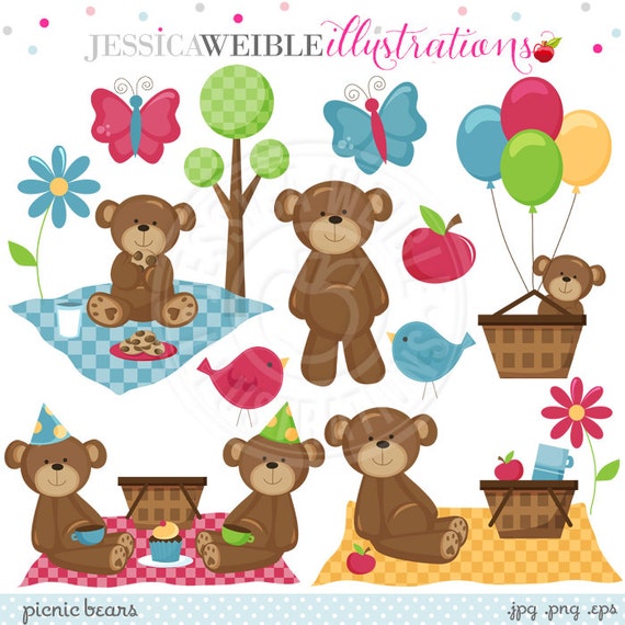 Picnic Bears Cute Digital Clipart - Commercial use OK - Bear Picnic Clipart, Picnic Graphics, Cute Bears Il_570xn