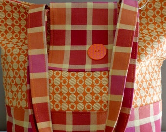 Pink and Orange, Dots and Plaid, Medium Tote, Spring Summer Purse, Diaper BAG, Knitting BAG, Work BAG
