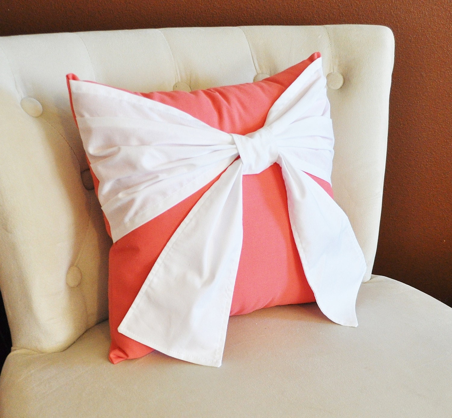 Throw Pillow White Bow on Coral Pillow 14x14 Coral Home