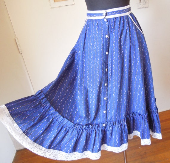 Vintage 80's Prairie Skirt, GUNNE SAX, Blue Distsy Floral Full Ruffled ...
