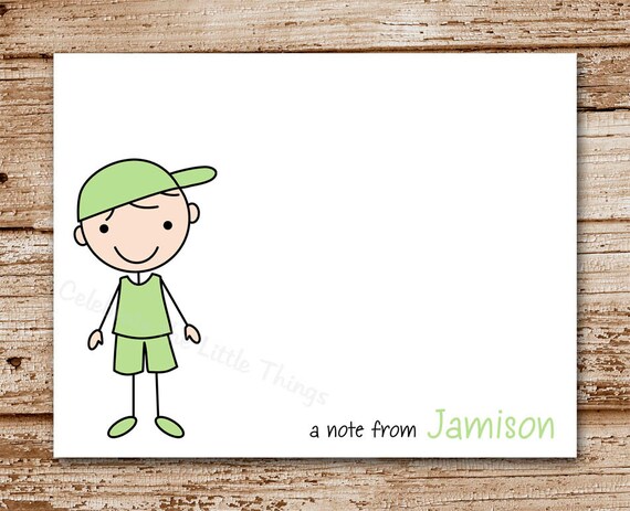 Set of 8 Stick Boys Note Cards | Personalized Stationery | Thank You Notecards | Stick Kids. Stick Figures | Children Il_570xn