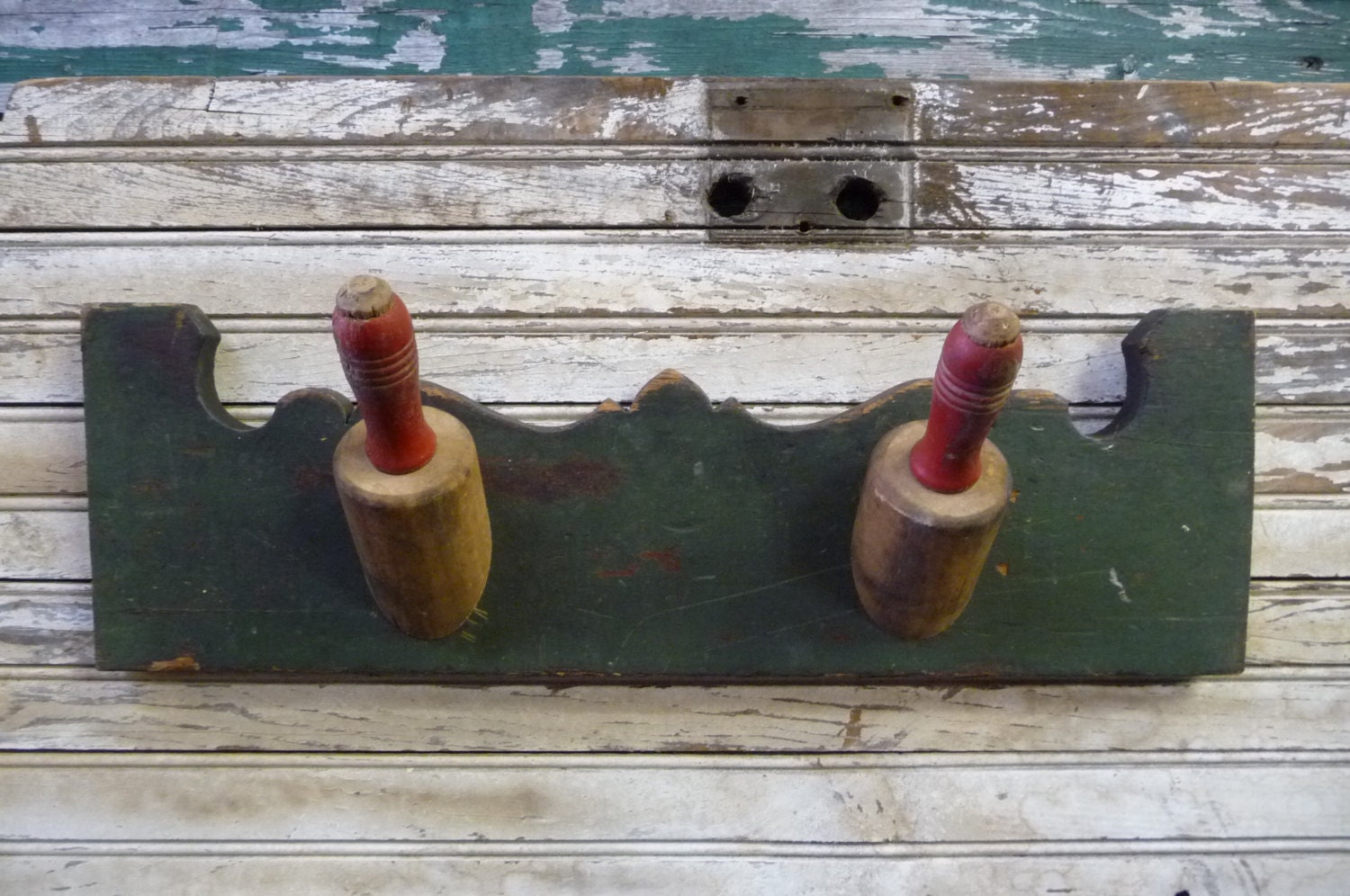 Vintage Wall rack hooks Salvaged wood Rolling by SalvageRelics