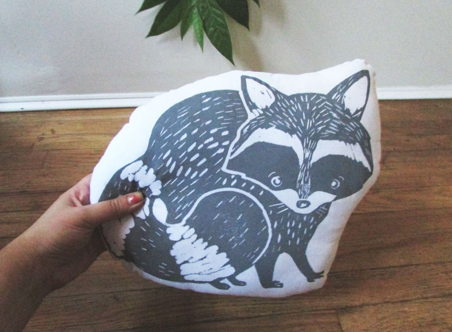 Plush Raccoon Pillow. Hand Woodblock Printed. Pick your