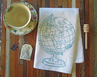 Cloth Napkins - Screen Printed Organic Cotton Cloth Napkins - Eco Friendly Dinner Napkins - Vintage Globe - Handmade Napkins - Table Setting