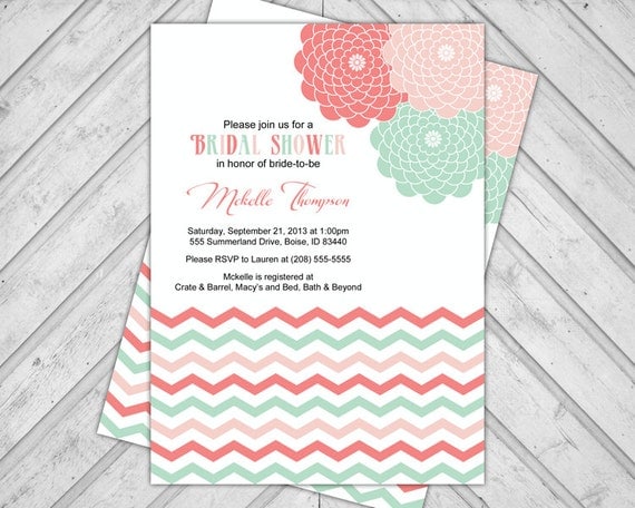 Flowers and Chevron Bridal Shower Invitation, Peach, Coral and Mint Green, Printable file (654)