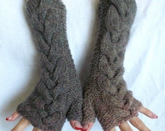 Fingerless Gloves Hand Knit Cabled Woolen Arm Warmers Extra Warm Greyish Green Clay Purple