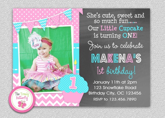 Cupcake Birthday Invitation , Girls Cupcake Birthday Invitation , Chevron Cupcake Birthday Party Invitation, Chalkboard , Cupcake Il_570xn