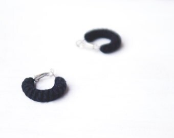 Black Earrings, Mini Crochet Tube Hoops, 1 inch hoop earrings