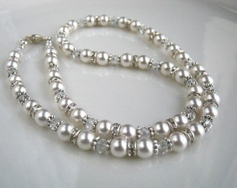 Crystal and Rhinestone White Pearl Necklace White Pearl Wedding Necklace Swarovski White Pearl Necklace (18 inches)
