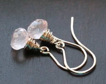 Tiny pink rose quartz earrings, wire wrapped, 14k gold filled, gemstone, light pink, dangle drop earrings, Mimi Michele Jewelry