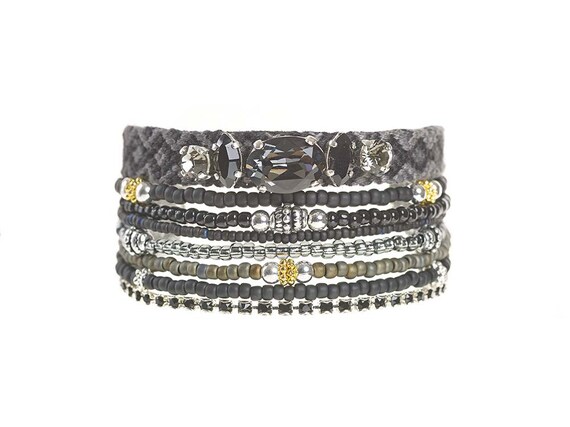 Black & grey multi row beabed bracelet - multiple strands layering ...