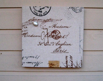 Magnet Board with a solid wood frame beneath beautiful French Script upholstery fabric, words and symbols of France, Cottage chic