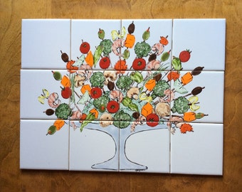 Tile mural Hand painted tile mural May sale Original  Appetizer Tile Mural, Hand painted tile, back splash tile, Frame-able art,