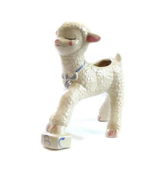 Vintage Stoneware Planter White Baby Lamb on ABC Block