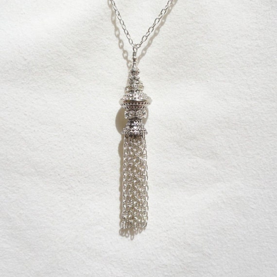 Silver Tassel Necklace Large Silver Beaded Long Tassel by JanJat