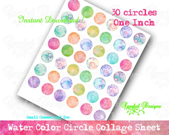 Watercolor 1 inch circle images Watercolor Clipart Bottlecap images Instant Download Round Images digital download Il_570xn