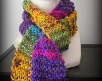 Colorful Scarf - hand knit scarf- acrylic knit scarf - scarf - turquoise scarf- pink scarf - purple scarf - yellow scarf -fringed scarf