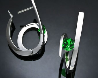 statement earrings, green topaz earrings, hoop earrings, Argentium silver, Christmas earrings, hoop earrings, hinged back earrings- 2429