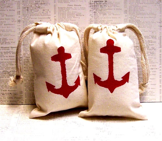 Set of 8 Anchor Hand Stenciled Muslin Favor Bags 4 x 6