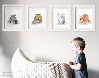 Australian Animal nursery art. Outback nursery prints. Aussie animal art kangaroo, koala, wombat. SET OF 4 prints by WallFry