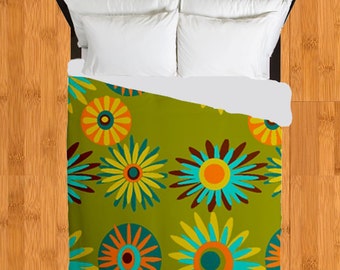 Items similar to Funky Duvet Cover, Mid Century Modern Bedding ... - Green Floral Duvet Cover, Mid Century Modern Duvet Cover, Mid Century  Bedding, Modern Floral Duvet Cover, Retro Duvet Cover