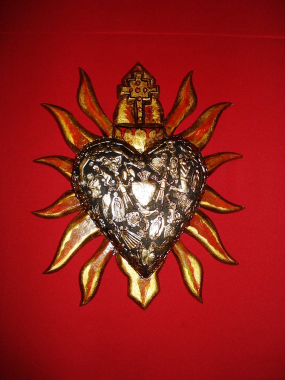 Holy Cross Sacred Flaming Heart With Wood Flames by CasadeCharms