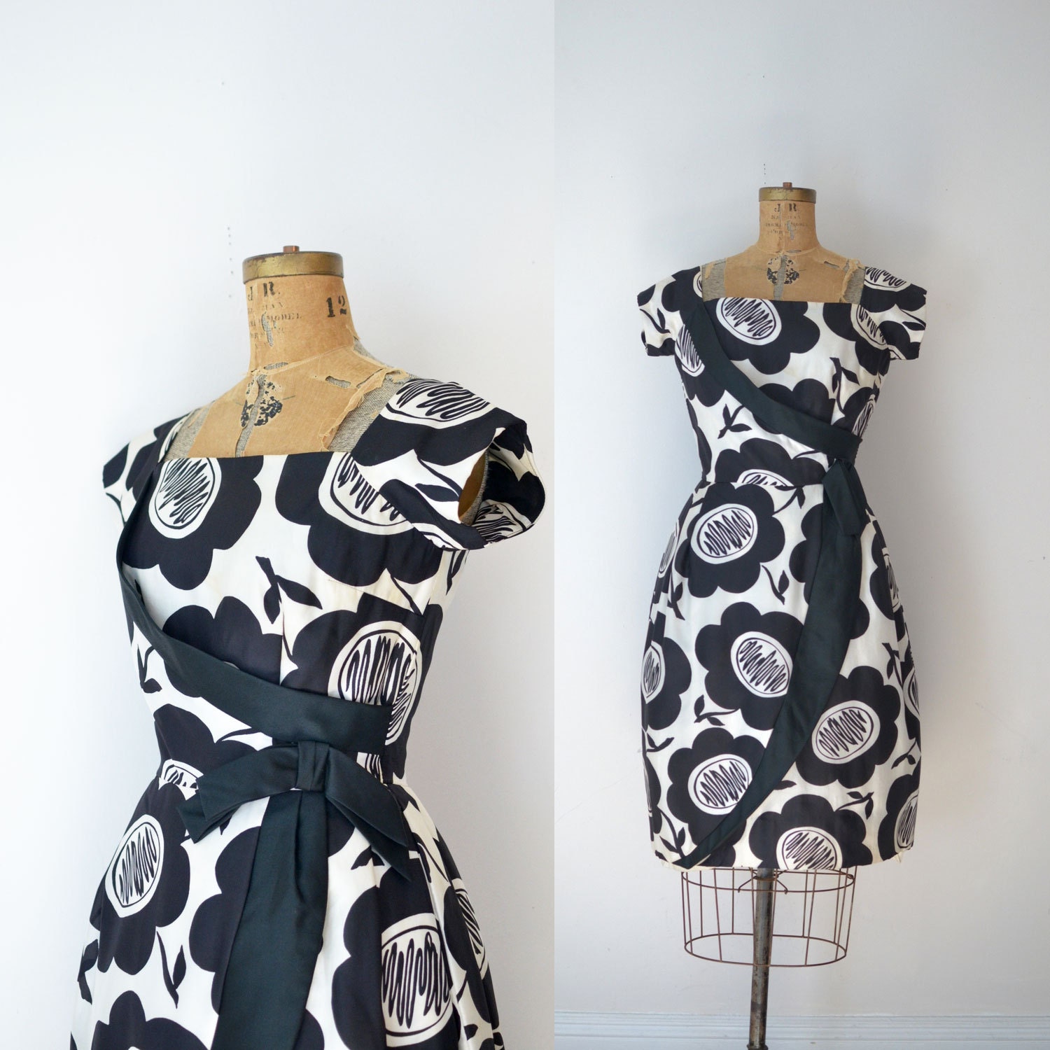 1960s Silk Cocktail Dress / 60s Black and White Floral Print