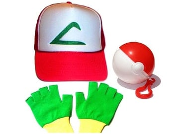 Pokemon Ash Trainer Hat Gloves and Ball Set Halloween costume Adult
