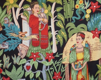 Frida's Garden Print on Black Pure Cotton Fabric--One Yard