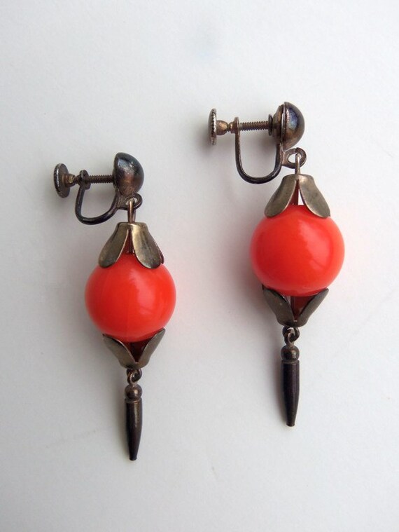 Vintage 60s Earrings Screw Back Orange Ball Drop Dangle Mod