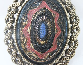 Vintage jewelry brooch pendant by Sarah Coventry Old Veninna in gold red black blue brooch pendant 1970s