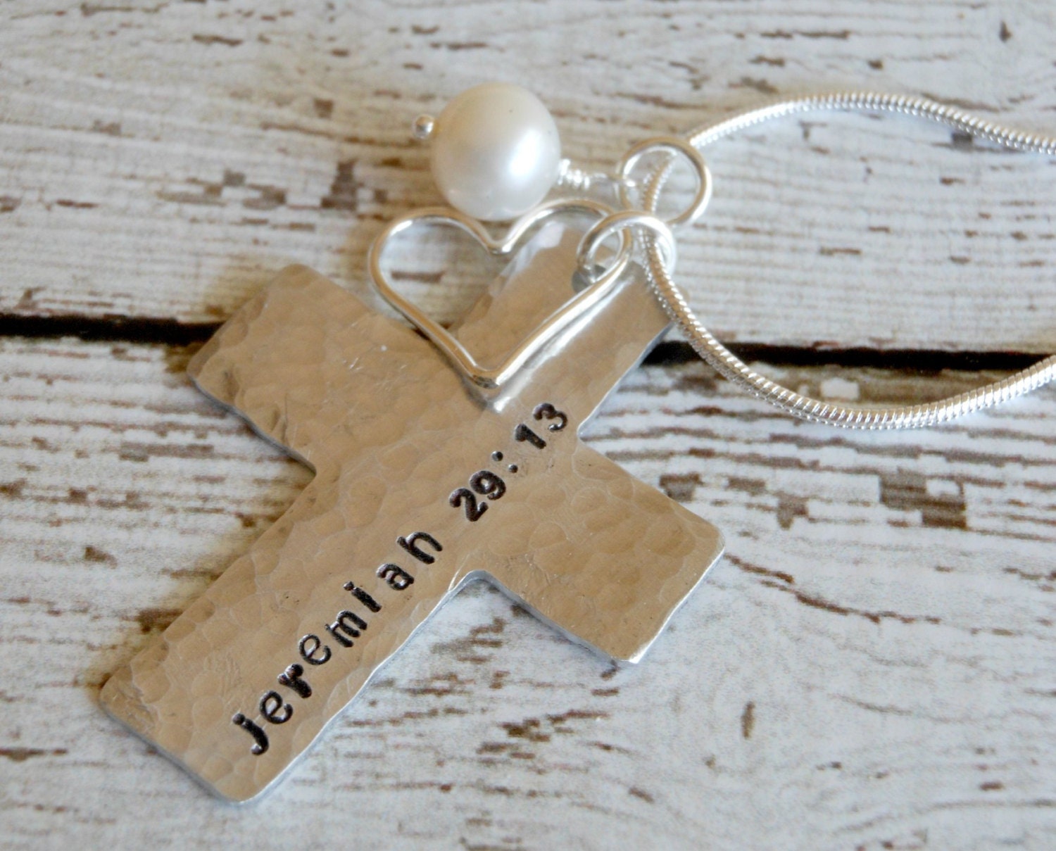 Cross Necklace with Bible Verse and Heart by TheHandStampedHeart