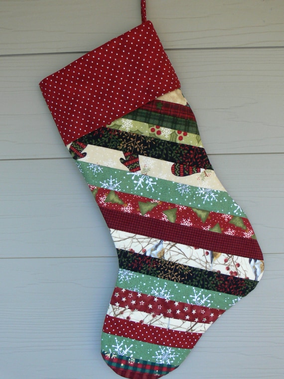 Large Sized Strip Quilted Christmas Stocking Using Flannel