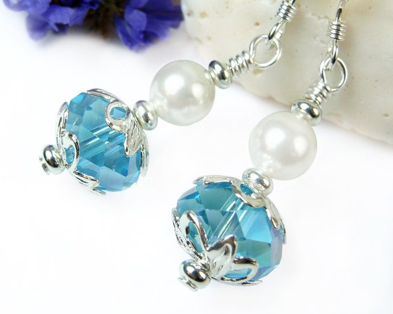 Blue Crystal White Pearl Short Dangle Earrings Sterling Silver Handmade