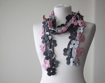 Dark grey, light grey and pink Crochet Lariat Scarf, Flower Lariat Scarf, Crochet Daisy scarf, Necklace scarf, Floral crochet leaf scarf