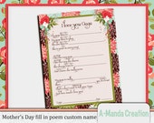 Mother's Day Printable Custom Poem for child to fill in for mom, grandma, you choose the special name Il_170x135