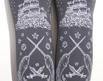 XL Pirate Printed Tights Plus Size Extra Large Silver on Slate Grey Gray Women Tattoo Nautical