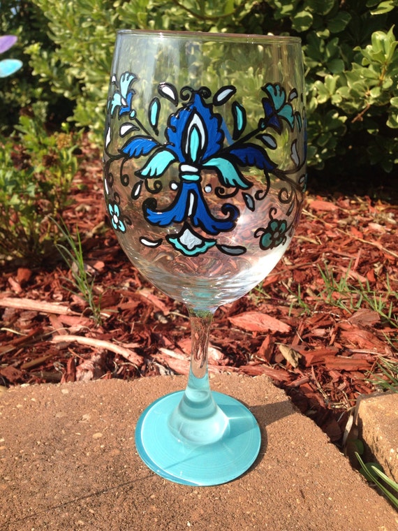 Feather Fleur de lis Wine Glass Blue french inspired fancy wineglass peacock bird feathers