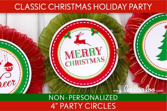 Classic Christmas Holiday Party - 4 inch Party Circles & Bonus: Pennant Banner NonPersonalized Printable // Classic Christmas – H2Ni Il_570xn