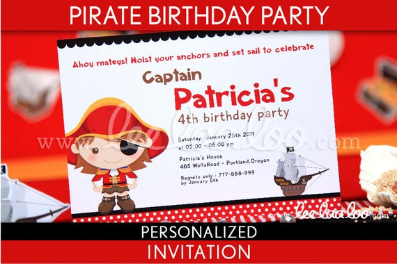 Pirate Birthday Party Invitation Personalized Printable // Pirate Girl Red - B8Pa2 Il_570xn
