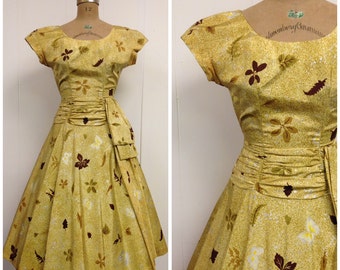 1950s Yellow Part Dress 50s Butterfly Novelty Print