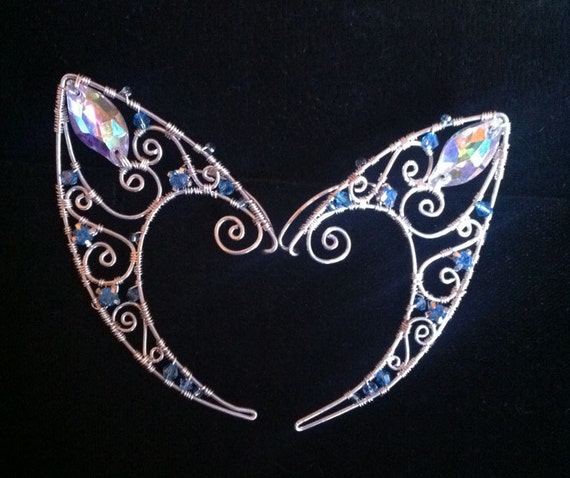 Wire Fairy Elf Ears with Marquise and Aqua Blue Crystals