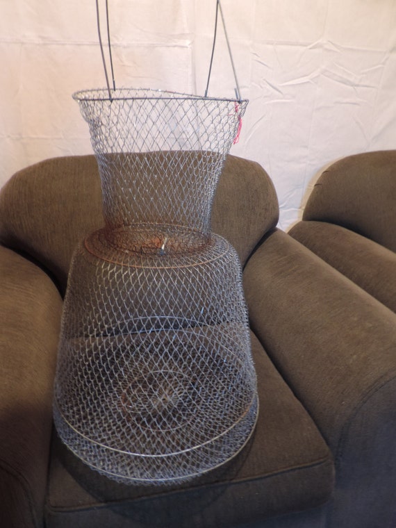 Vintage Fishing Basket mesh metal Basket Cabin by bluejeanjulie