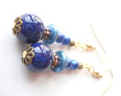 Midnight Blue Earrings, Blue Pearl Earrings, Gypsy Blue Earrings, Bohemian Earrings, Dark Blue Earrings, Bronze and Navy Blue Jewelry