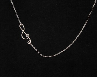 Yellow gold or sterling silver hammered wire Musical Note TREBLE CLEF off-centre sideways necklace